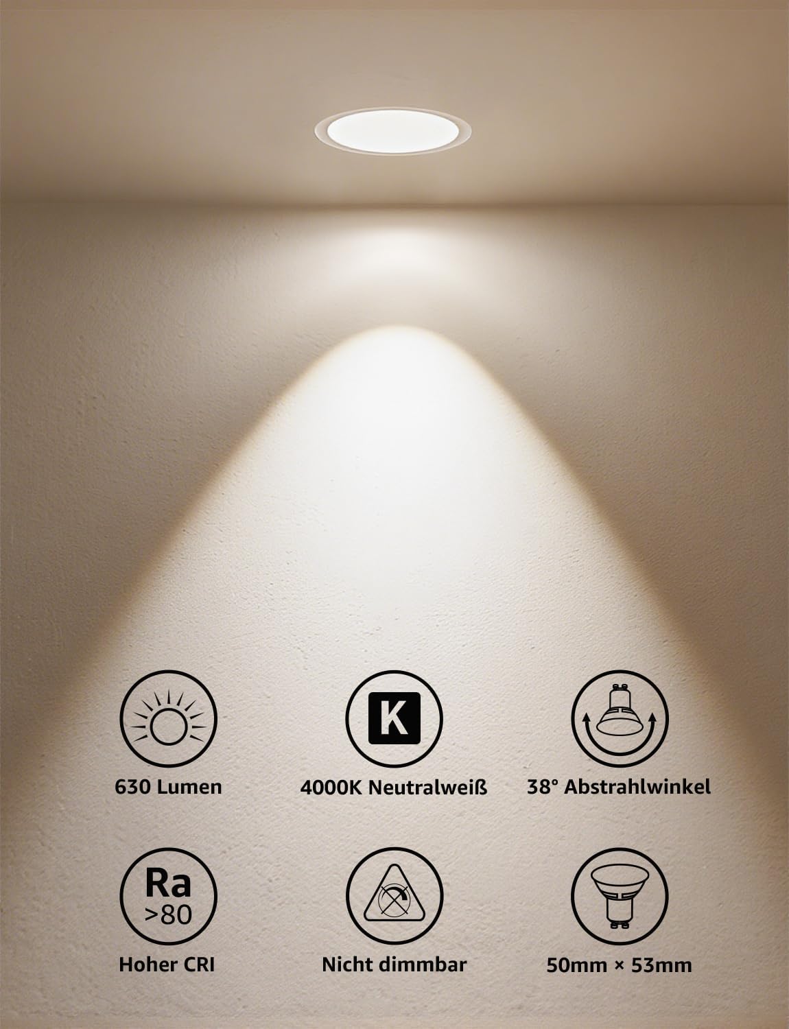 Lepro GU10 LED Neutralweiß 6W Lampe, 4000K Neutralweiß, 630 Lumen, 38° Abstrahlwinkel, Nicht dimmbar Reflektorlampe, Energiesparendes GU10 LED Leuchtmittel für Büro, Küche, Flur, 4 Stück