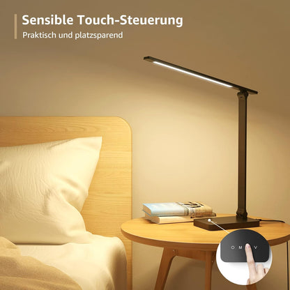 Lepro Schreibtischlampe, LED Tischlampe 15W, 655LM Tischleuchte 3 Farben, 5 Helligkeitsstufen Dimmbar mit USB-Anschluss, Schreibtischleuchte Augenschutz, Leselicht für Büro, Schwarz