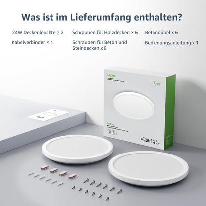 Lepro Deckenlampe 24W, IP44 Wasserfest Deckenleuchte，3000K 2400LM Badezimmer Lampe, Warmweiß Deckenleuchte Badezimmer, ideal Badezimmerlampe Decke für Bad Schlafzimmer Wohnzimmer, Ø29.3cm, 2 Stücke