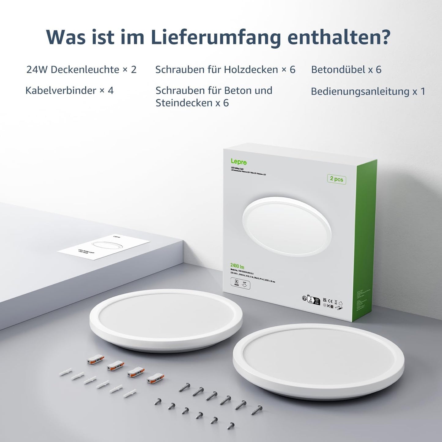 Lepro Deckenlampe 24W, IP44 Wasserfest Deckenleuchte，5000K 2400LM Badezimmer Lampe, Kaltweiß Deckenleuchte Badezimmer, ideal Badezimmerlampe Decke für Bad Schlafzimmer Wohnzimmer, Ø29.3cm, 2 Stücke