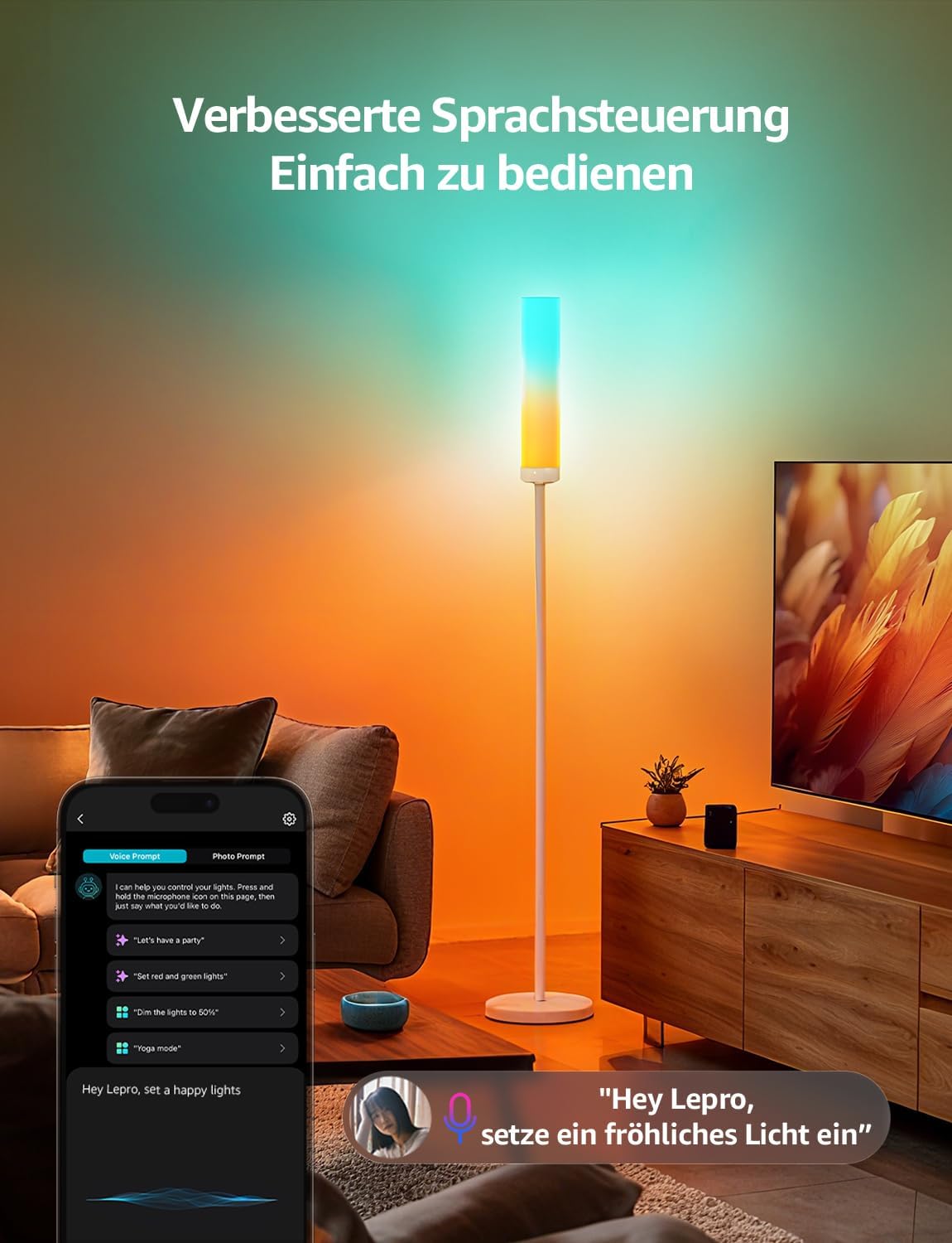 Lepro O1 AI Smart Stehlampe Wohnzimmer 2300LM, Stehlampe Dimmbar 22W RGBCCT, Sprachsteuerung/Musik Sync/DIY, Personalisierter KI-Lichtdesigner, Kompatibel mit Alexa/Google, WiFi & Bluetooth