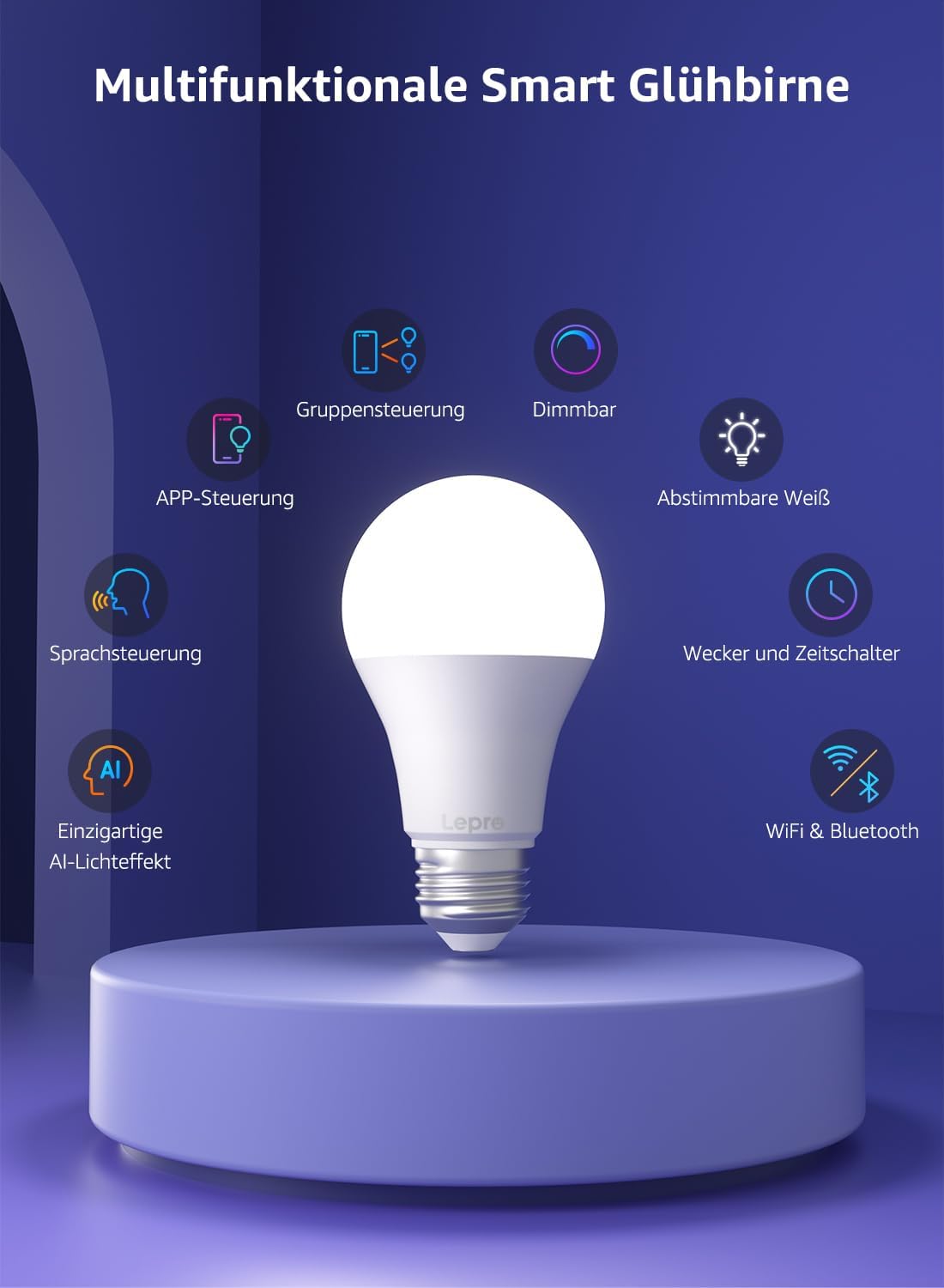 Lepro AI Smart Glühbirne B1, E27 Lampe 8.5W 806lm Dimmbar, Personalisierter KI-Lichtdesigner, Sprachsteuerung/Musik Sync, WiFi & Bluetooth Smart Bulb, Kompatibel mit Alexa/Google Assistant, 4 Stück