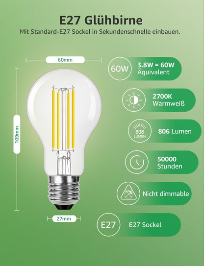 Lepro Energieklasse A E27 LED Warmweiss, 3.8W 806 Lumen Glühbirne E27, Nicht Dimmbar, A60 Led Birne, 2700 Kelvin Warmweiß, 300° Abstrahlwinkel Energiesparlampe, ersetzt 60W Leuchtmittel, 2 Stück