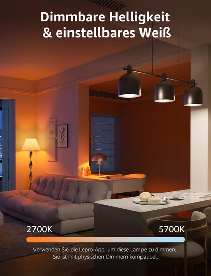 Lepro Al Smart Glühbirne B3, E27 WLAN/Bluetooth Smart Bulb 1521lm Dimmbar, Foto-zu-Licht, Personalisierter KI-Lichtdesigner, Sprachsteuerung/Musik Sync, Kompatibel mit Alexa/Google Assistant, 4 Stück
