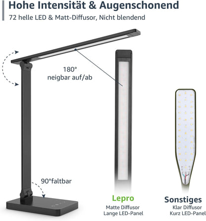 Lepro Schreibtischlampe, LED Tischlampe Dimmbar, Nachttischlampe 750LM 3 Farben und 5 Helligkeitsstufen, Tageslichtlampe, Tischleuchte, Schreibtisch Lampe für Kinder, Büro, Kunststoff, Schwarz