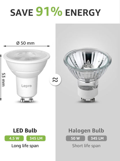 Lepro GU10 LED Warmweiss Dimmbar Lampe, 4,5W 345 Lumen Leuchtmittel, 2700K Warmweiß, Entspricht 50W Halogenlampen, 38° Abstrahlwinkel, Energiesparend, GU 10 LED Dimmbar Glühbirne, 10er Pack