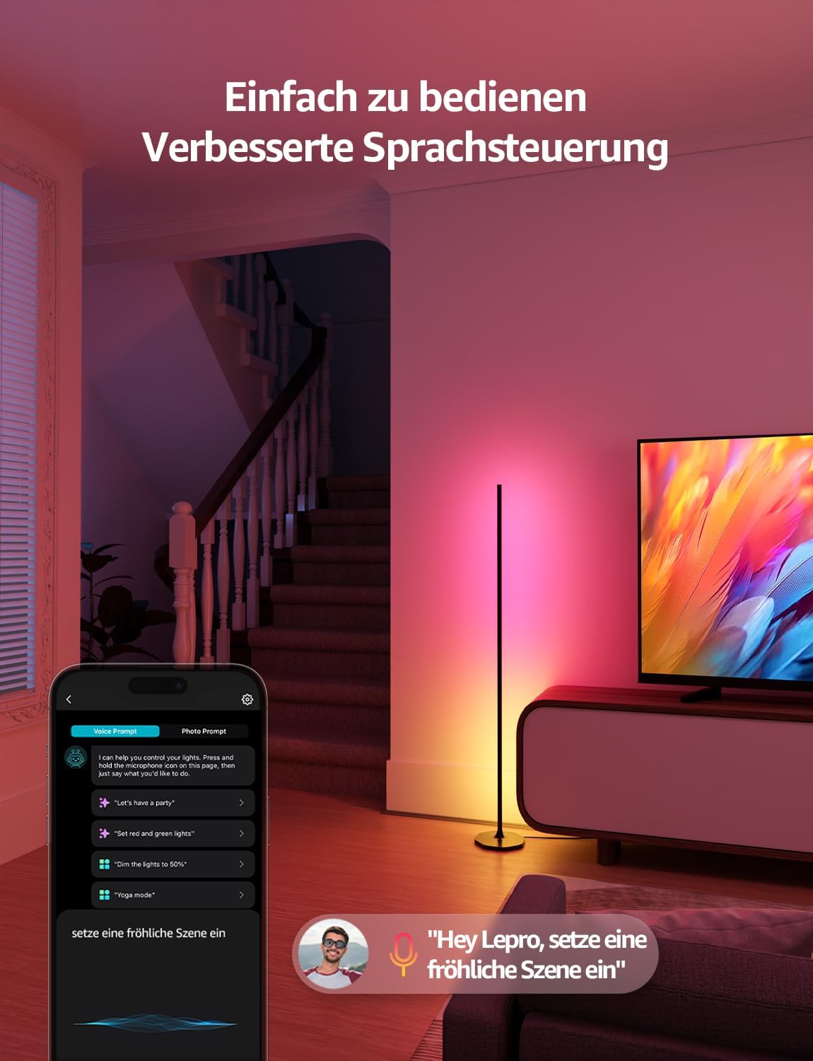 Lepro AI Smart Stehlampe Wohnzimmer OE1, Stehlampe Dimmbar, Sprachsteuerung/Musik Sync/DIY, Personalisierter KI-Lichtdesigner, Kompatibel mit Alexa/Google, 16 Millionen Farben