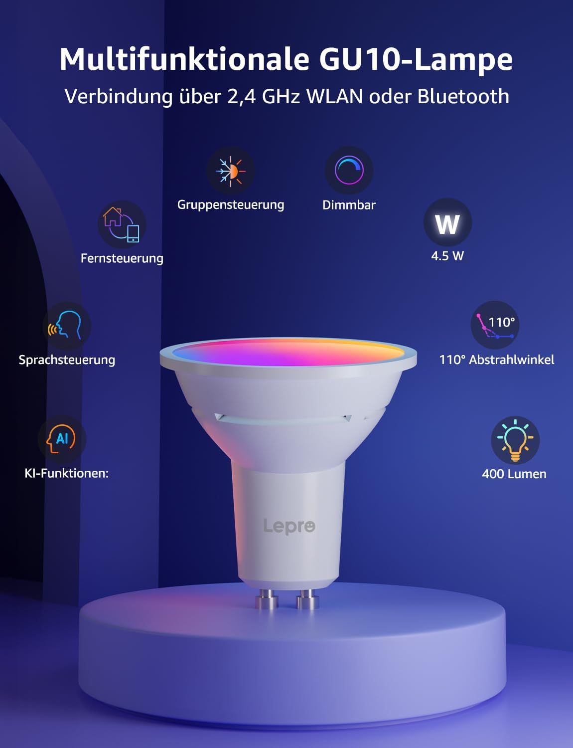 Lepro BG1 Smarte AI GU10 LED Lampe - RGBCW Farbwechsel & Dimmbar, Musik-Sync, Sprachsteuerung WLAN Alexa Glühbirne, Kompatibel mit Alexa & Google Assistant