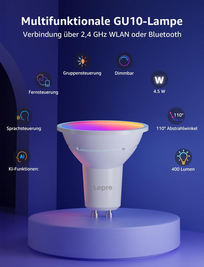 Lepro BG1 Smarte AI GU10 LED Lampe - RGBCW Farbwechsel & Dimmbar, Musik-Sync, Sprachsteuerung WLAN Alexa Gl¨¹hbirne, Kompatibel mit Alexa & Google Assistant, 4er Pack