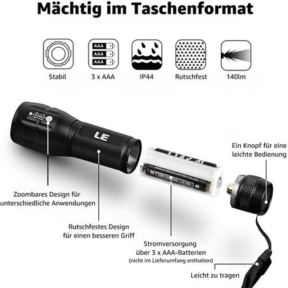 Lighting EVER LE LED Taschenlampe Klein, Extrem Hell & Zoombar Mini Taschenlampen Batteriebetrieben f¨¹r Kinder, Wasserdichte Handlampe f¨¹r Camping, Outdoor, Notf?lle (4er-Pack)