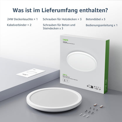 Lepro Deckenlampe 24W, IP44 Wasserfest Deckenleuchte，3000K 2400LM Badezimmer Lampe, Warmweiß Deckenleuchte Badezimmer, ideal Badezimmerlampe Decke für Bad Schlafzimmer Flur Küche Wohnzimmer, Ø29.3cm