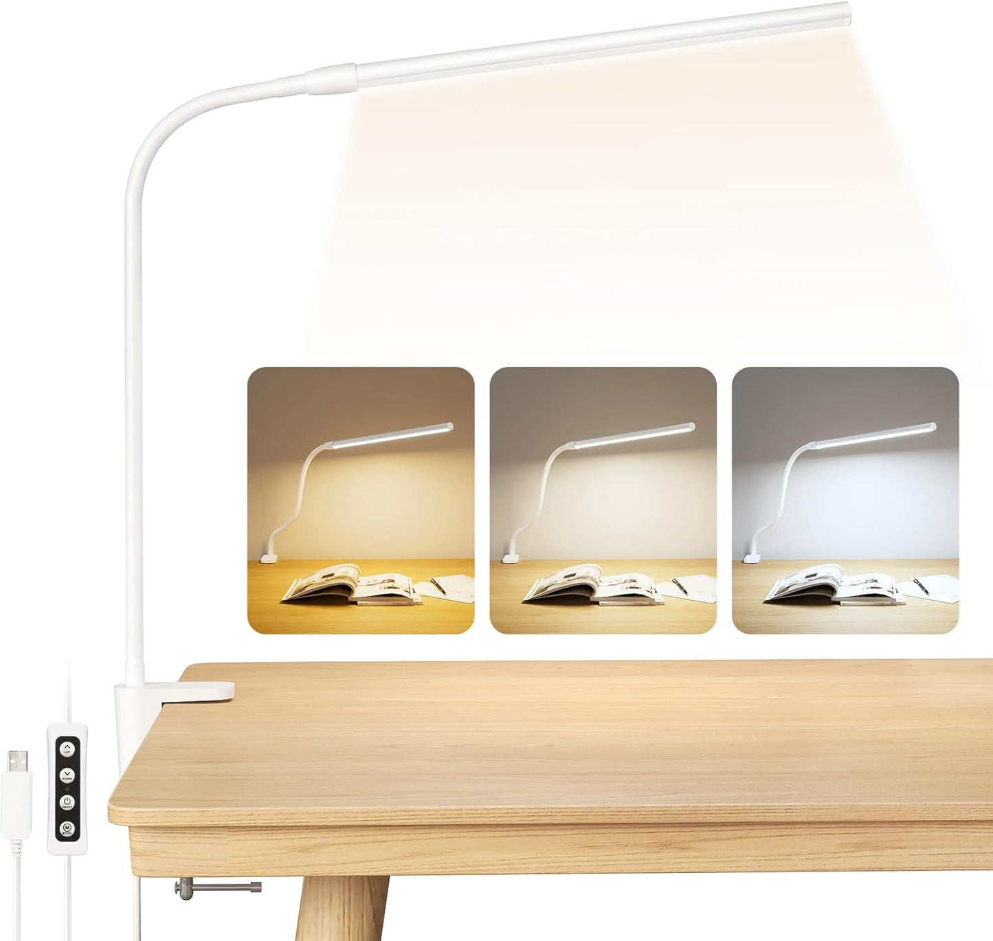 Lepro LED Schreibtischlampe Klemmbar, Tischlampe Architektenlampe mit Schwenkarm, Augenschutz Klemmleuchte USB, 3 Farben & 10 Helligkeitsstufen Dimmbar Tischleuchte für Büro, Weiß