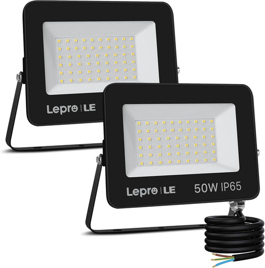 Lepro 50W LED Strahler Außen 2 Stücke, 4250LM Superhell Außenstrahler, IP65 Wasserdicht LED Fluter, 5000K Kaltweiß LED Scheinwerfer, Außenlampe für Garten, Innenhöfe, Garage, Hotel, Sportplatz