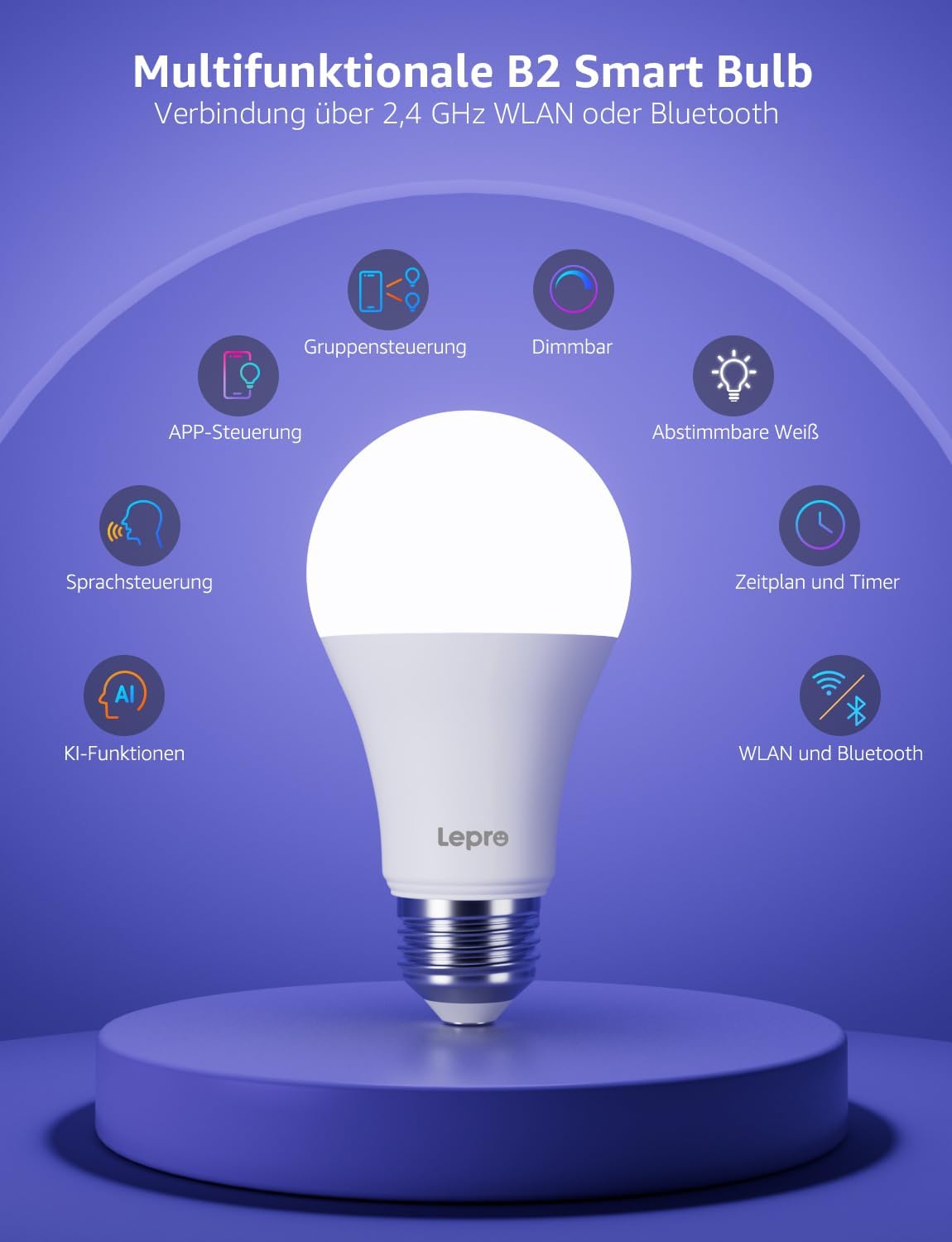 Lepro AI Smart Gl¨¹hbirne B2, E27 Gl¨¹hbirne 10W 1100lm Dimmbar, Personalisierter KI-Lichtdesigner, Sprachsteuerung/Musik Sync, WiFi & Bluetooth Smart Bulb, Kompatibel mit Alexa/Google Assistant