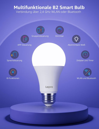 Lepro AI Smart Glühbirne B2, E27 lampe 10W 1100lm Dimmbar, Personalisierter KI-Lichtdesigner, Sprachsteuerung/Musik Sync, WiFi & Bluetooth Smart Bulb, Kompatibel mit Alexa/Google Assistant, 2 Stück