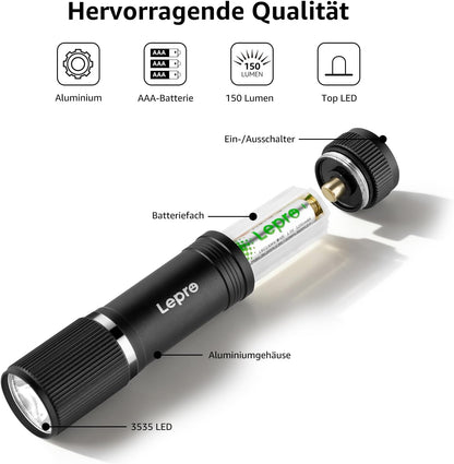 Lepro LED Taschenlampe Klein, Hell Mini Taschenlampe Batteriebetrieben, Robustes Aluminium Geh?use, IPX4 Wasserdicht, Ideal f¨¹r Camping, Notfall, Wandern & Kinder (Inkl. Batterien)