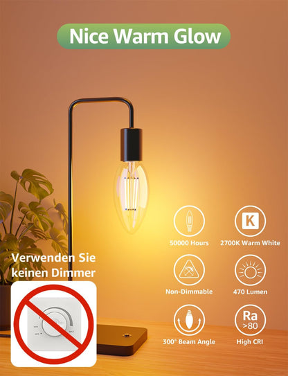 Lepro Energieklasse A E14 LED warmweiss Lampe 2.2W 470 Lumen C35 2700K Warmwei? LED Gl¨¹hbirne, entspricht 40W Gl¨¹hlampe, 300¡ã Abstrahlwinkel Nicht Dimmbar Energiesparlampe, 4er-Pack