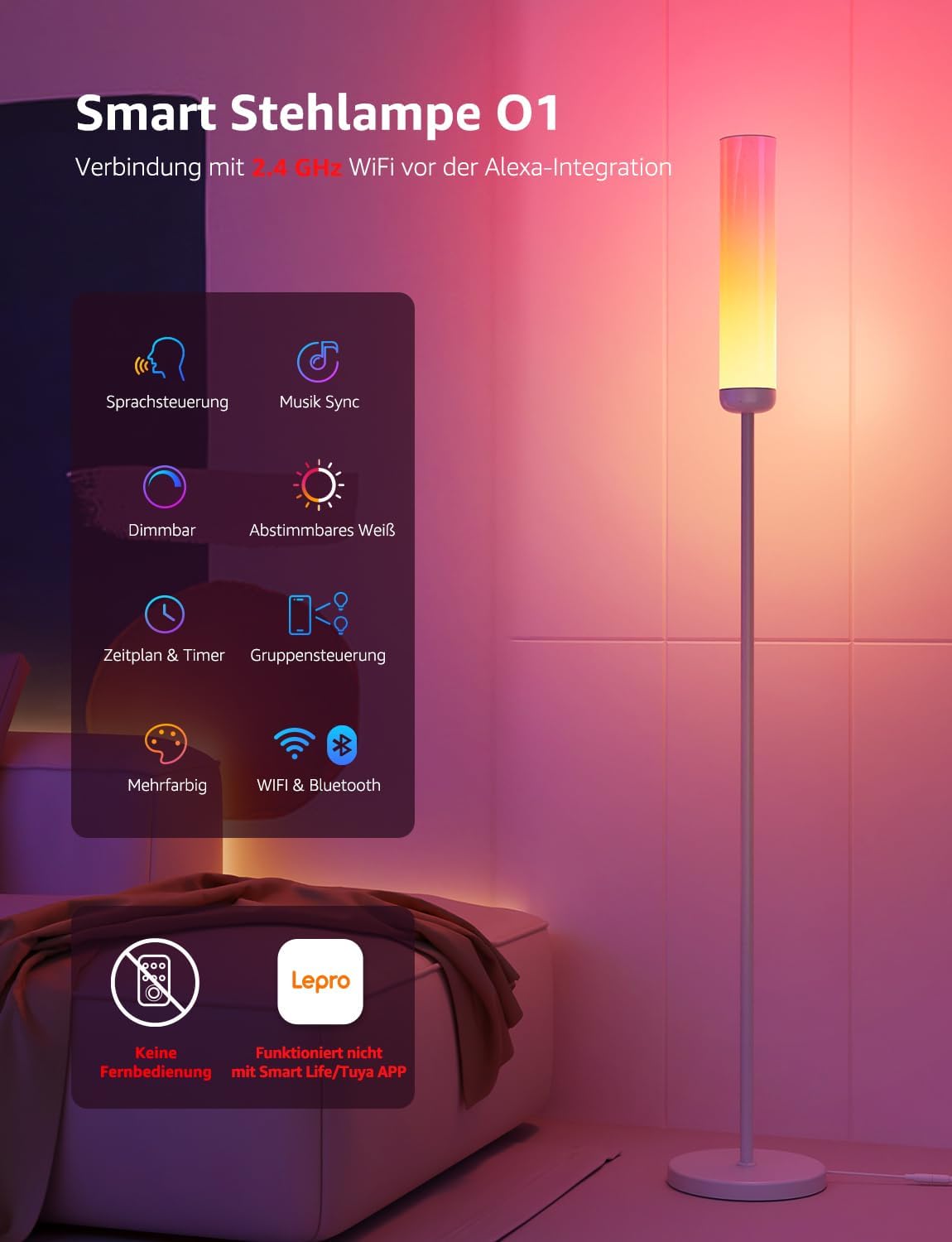 Lepro O1 AI Smart Stehlampe Wohnzimmer 2300LM, Stehlampe Dimmbar 22W RGBCCT, Sprachsteuerung/Musik Sync/DIY, Personalisierter KI-Lichtdesigner, Kompatibel mit Alexa/Google, WiFi & Bluetooth