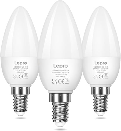 Lepro E14 LED Warmweiss, Glühbirne E14, 4.9W 470 Lumen, ersetzt 40W Glühlampe, C37 2700K Warmweiß Kerzenleuchten Nicht Dimmbar, 200° Leuchtmittel, 3 Stück