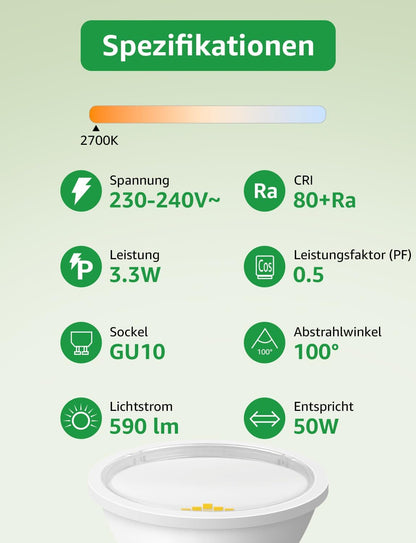 Lepro Energieklasse A GU10 LED Warmweiss Lampe, 3.3W 2700K Warmwei? 590 lm, Nicht Dimmbar, 100¡ã Abstrahlwinkel, Energiesparendes GU 10 LED Leuchtmittel f¨¹r Flur, Wohnzimmer, Schlafzimmer, 10 St¨¹ck