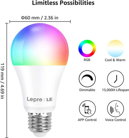 Lepro Smarte Glühbirnen E27, Smart WiFi LED-Lampe, 9W 806 LM WLAN Dimmbar Birne, Mehrfarbige, App Steuern Kompatibel mit Alexa Echo, Google Home, Warm-/Kaltesweiß licht (nur 2,4 GHz)