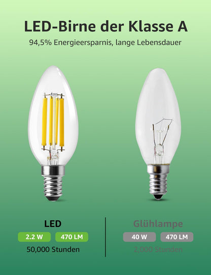 Lepro Energieklasse A E14 LED warmweiss Lampe 2.2W 470 Lumen C35 2700K Warmwei? LED Gl¨¹hbirne, entspricht 40W Gl¨¹hlampe, 300¡ã Abstrahlwinkel Nicht Dimmbar Energiesparlampe, 4er-Pack