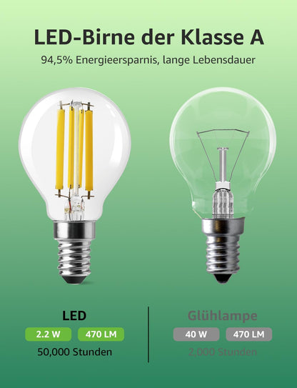 Lepro Energieklasse A E14 LED warmweiss Lampe 2.2W 470 Lumen P45 2700K Warmweiß LED Glühbirne,entspricht 40W Glühlampe,300° Abstrahlwinkel Nicht Dimmbar Energiesparlampe, 2er-Pack