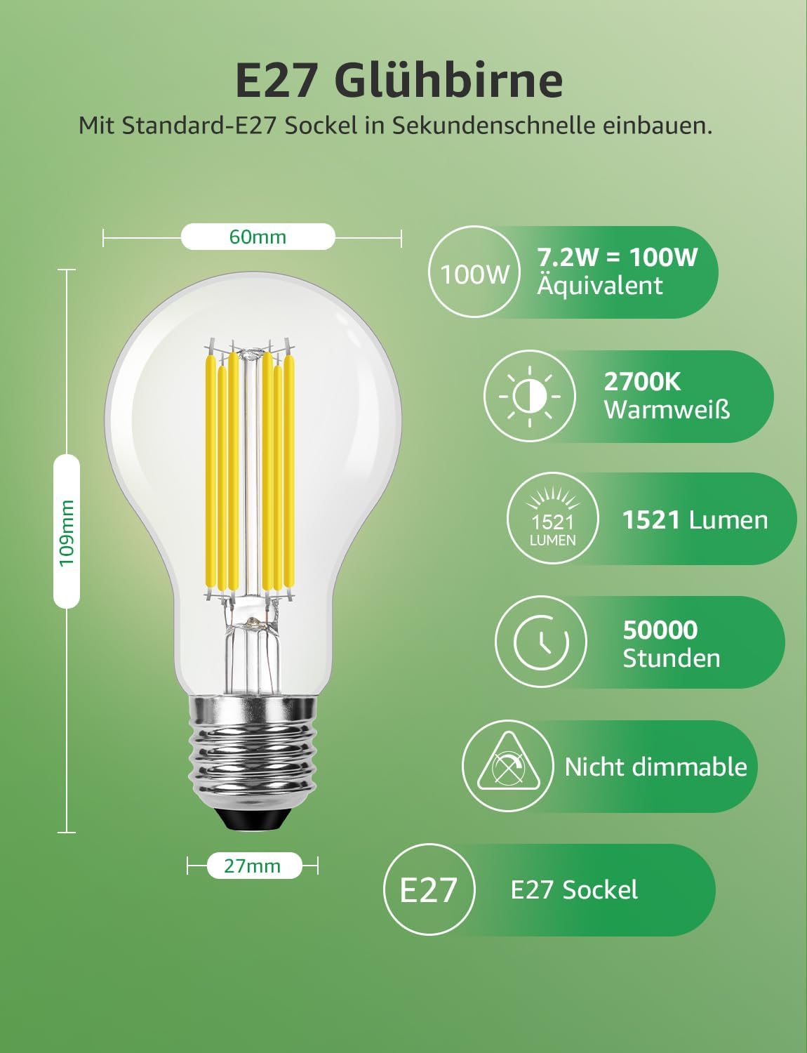 Lepro Energieklasse A E27 LED Warmweiss, 7.2W 1521 Lumen Glühbirne E27, Nicht Dimmbar, A60 Led Birne, 2700 Kelvin Warmweiß, 300° Abstrahlwinkel Energiesparlampe, ersetzt 100W Leuchtmittel, 2 Stück