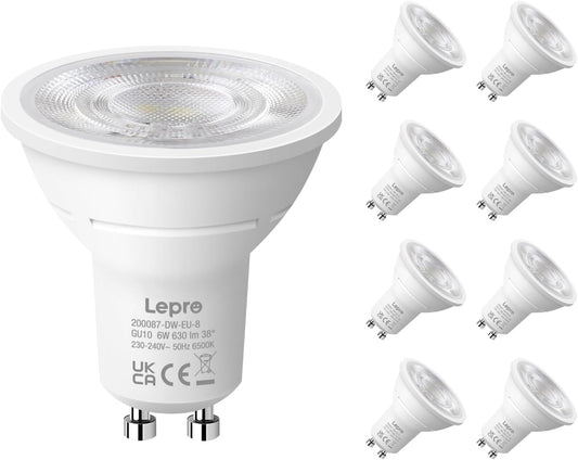 Lepro GU10 LED Kaltweiß 6W Lampe, 6500K Tageslichtweiß, 630 Lumen, 38° Abstrahlwinkel, Nicht dimmbar Reflektorlampe, Energiesparendes GU10 LED Leuchtmittel für Büro, Arbeitszimmer, Flur,8 Stück