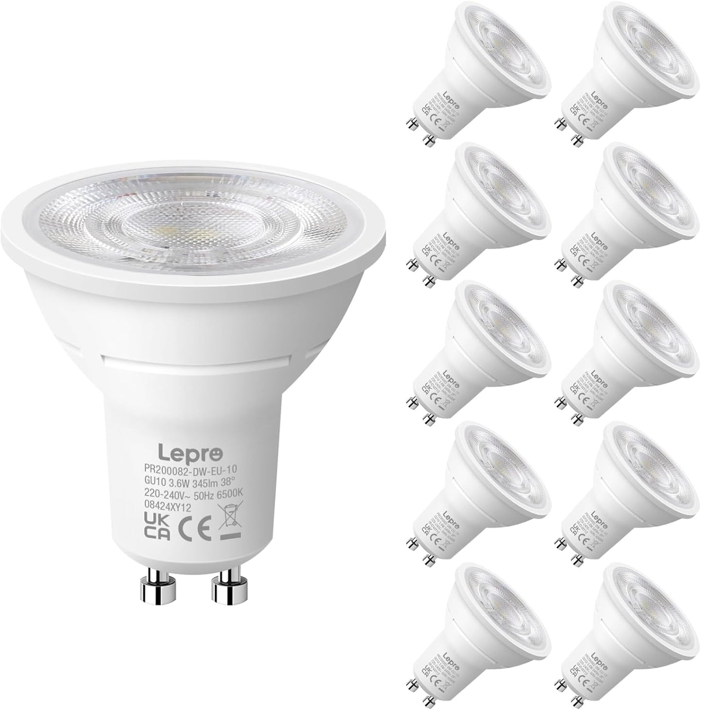 Lepro GU10 LED Kaltwei? Lampe 3.6W, 6500K, 345 Lumen, 38¡ã Spot, CRI>80, Nicht dimmbar, Energiesparend >92%, LED Reflektorlampe, Ersatz f¨¹r 50W Lampen, 10er Pack