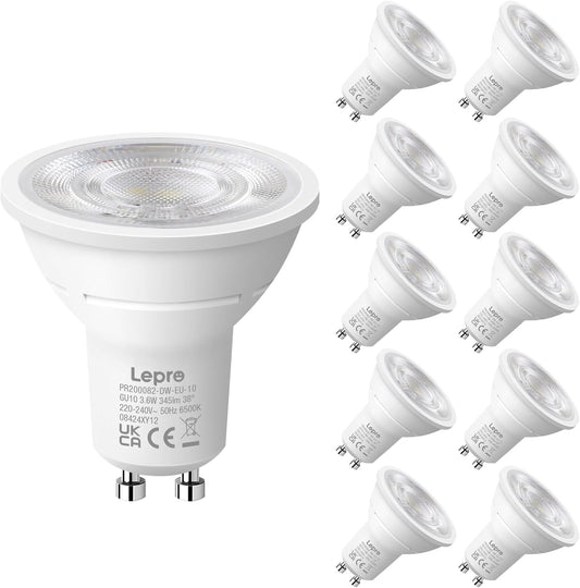 Lepro GU10 LED Kaltwei? Lampe 3.6W, 6500K, 345 Lumen, 38¡ã Spot, CRI>80, Nicht dimmbar, Energiesparend >92%, LED Reflektorlampe, Ersatz f¨¹r 50W Lampen, 10er Pack