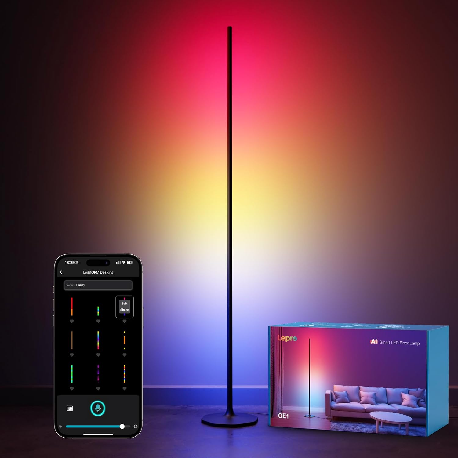 Lepro AI Smart Stehlampe Wohnzimmer OE1, Stehlampe Dimmbar, Sprachsteuerung/Musik Sync/DIY, Personalisierter KI-Lichtdesigner, Kompatibel mit Alexa/Google, 16 Millionen Farben