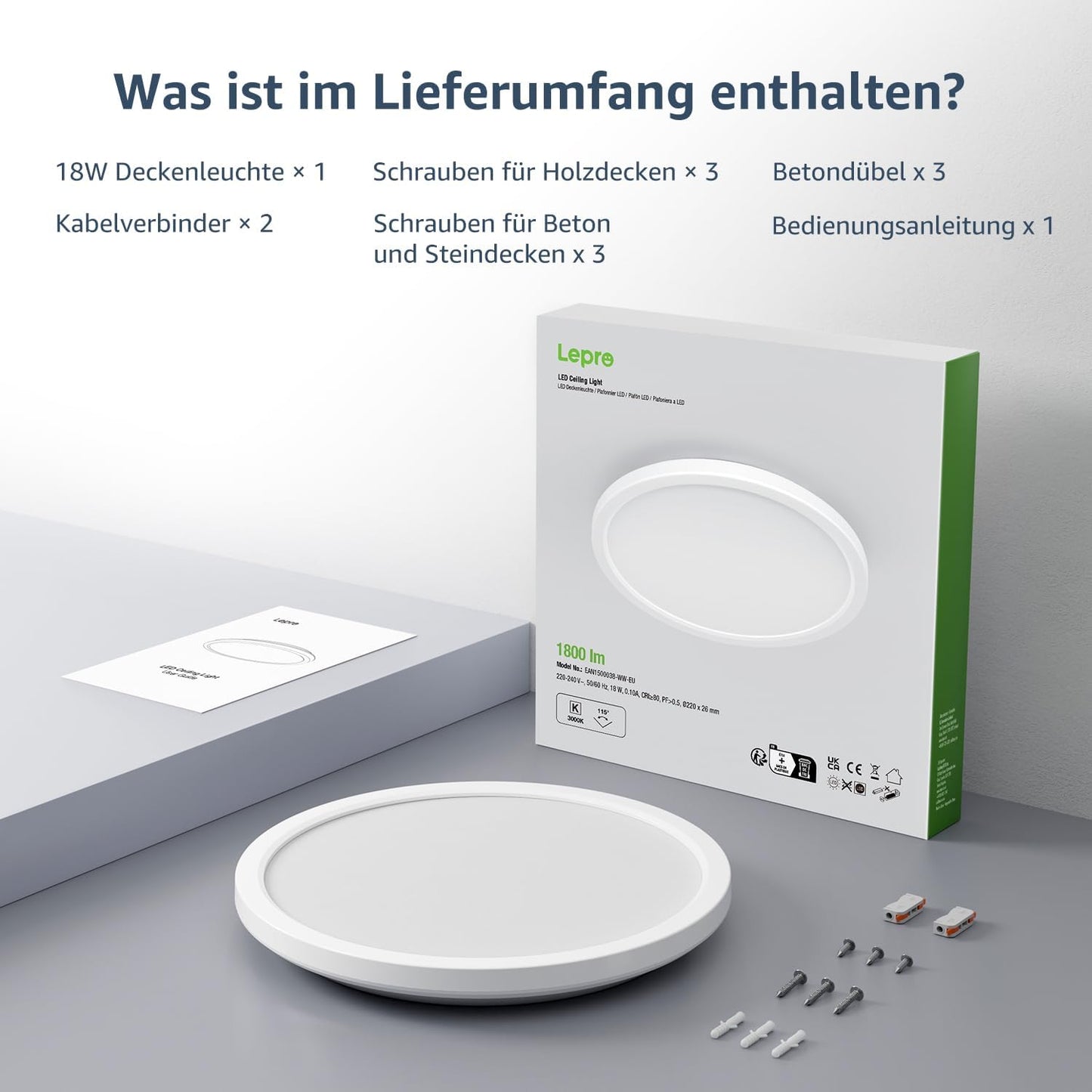 Lepro Deckenlampe 18W, IP44 Wasserfest Deckenleuchte，3000K 1800LM Badezimmer Lampe, Warmweiß Deckenleuchte Badezimmer, ideal Badezimmerlampe Decke für Bad Schlafzimmer Flur Küche Wohnzimmer, Ø22cm