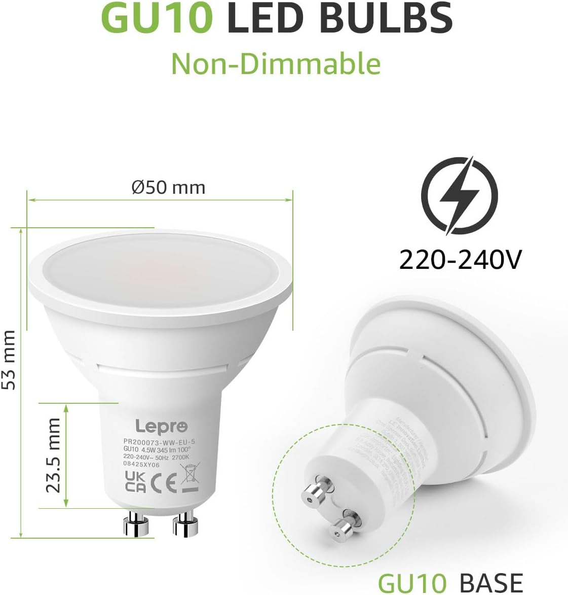 Lepro GU10 LED, 2700K warmweiß ersetzt 32W Halogenlampen, 4W 345lm LED Leuchtmittle, 100° Strahlwinkel Reflektorlampen, 5 Stück