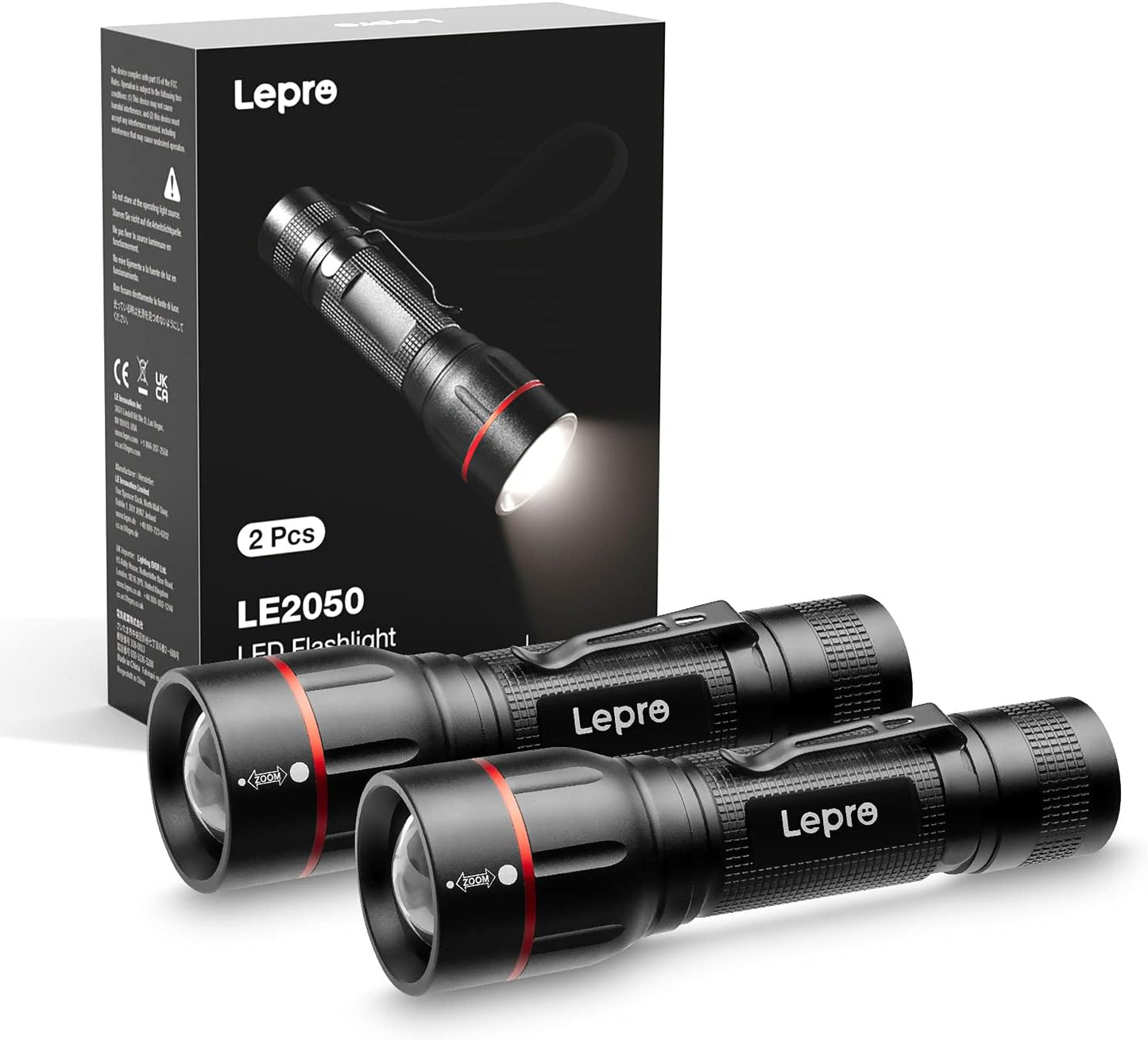 Lepro LED Taschenlampe, LE2050 Extrem Hell, mit Clip, Zoombare Handlampe mit 5 Modi, Wasserdichte Flashlight für Camping, Outdoor, Wandern, Angeln, Geschenk, 2 Stück