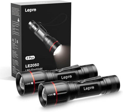 Lepro LED Taschenlampe, LE2050 Extrem Hell, mit Clip, Zoombare Handlampe mit 5 Modi, Wasserdichte Flashlight für Camping, Outdoor, Wandern, Angeln, Geschenk, 2 Stück