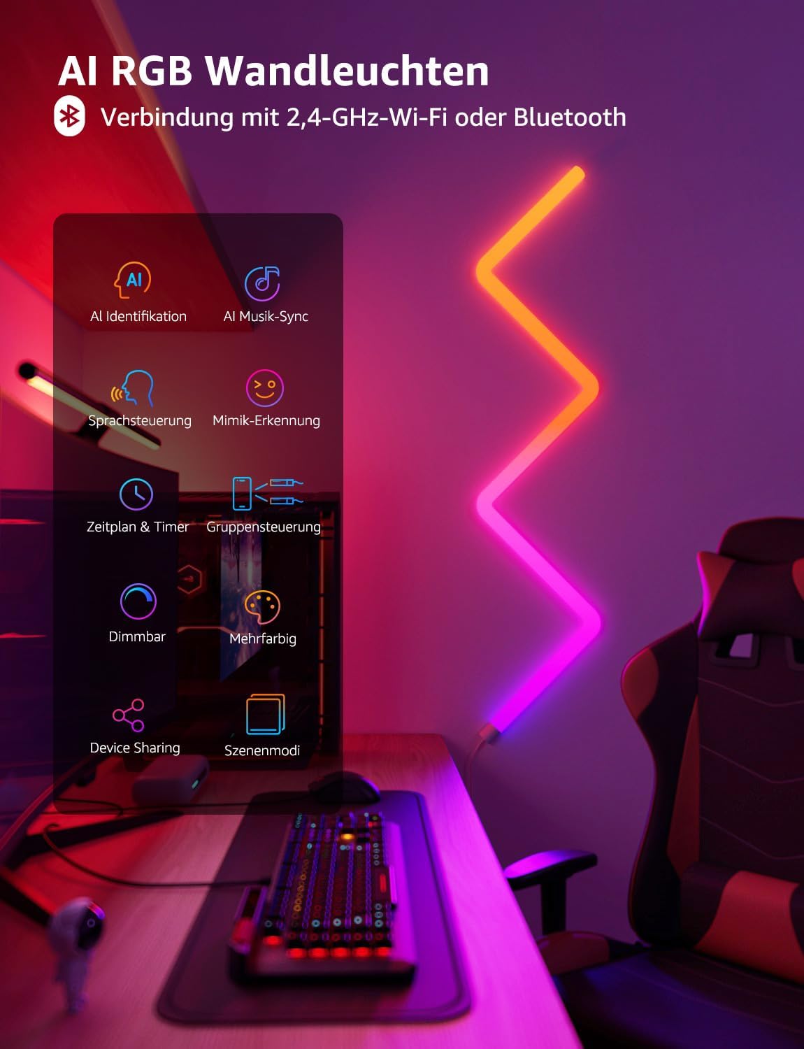 Lepro AI Glide Wall Light WL1, Wandleuchte mit Eingebautes Spracherkennung, Musik Sync, unterstützt Alexa & Google Assistant, KI-Lichtdesign-Assistent für Gaming Party Wand Deko, 8 Stück und 4 Ecke