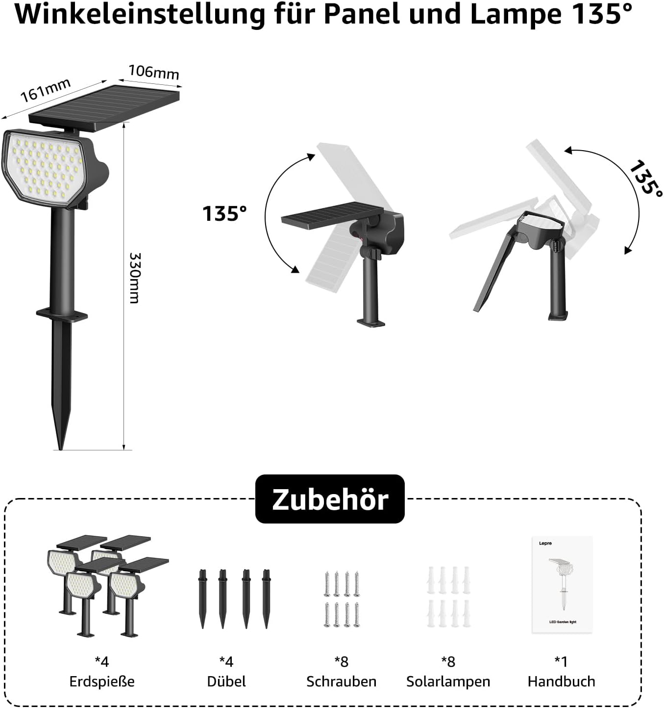 Lepro Solarlampen für Außen Garten, IP65 Solar Gartenleuchten mit Drehbaren Solar Panel, 2-in-1 Solarleuchten mit 2 Beleuchtungsmodi, 43LED Solar Strahler Wegeleuchten Aussen, 2 Stück, Kaltweiß
