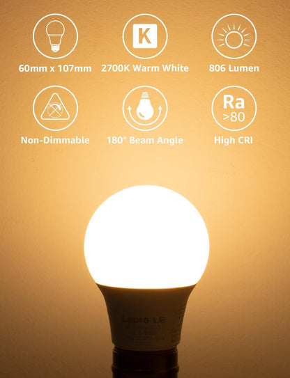 Lepro E27 LED Warmweiss Glühbirne, 8.5 Watt 806 Lumen LED Lampe E27, ersetzt 60W Halogenlampe, A60 Leuchtmittel, 2700 Kelvin Warmweiß, 160° Abstrahlwinkel Energiesparlampe, 12 Stück