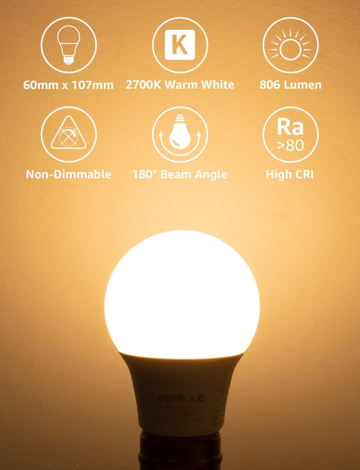 Lepro E27 LED Warmweiss Glühbirne, 8.5 Watt 806 Lumen LED Lampe E27, ersetzt 60W Halogenlampe, A60 Leuchtmittel, 2700 Kelvin Warmweiß, 180° Abstrahlwinkel Energiesparlampe, 3 Stück