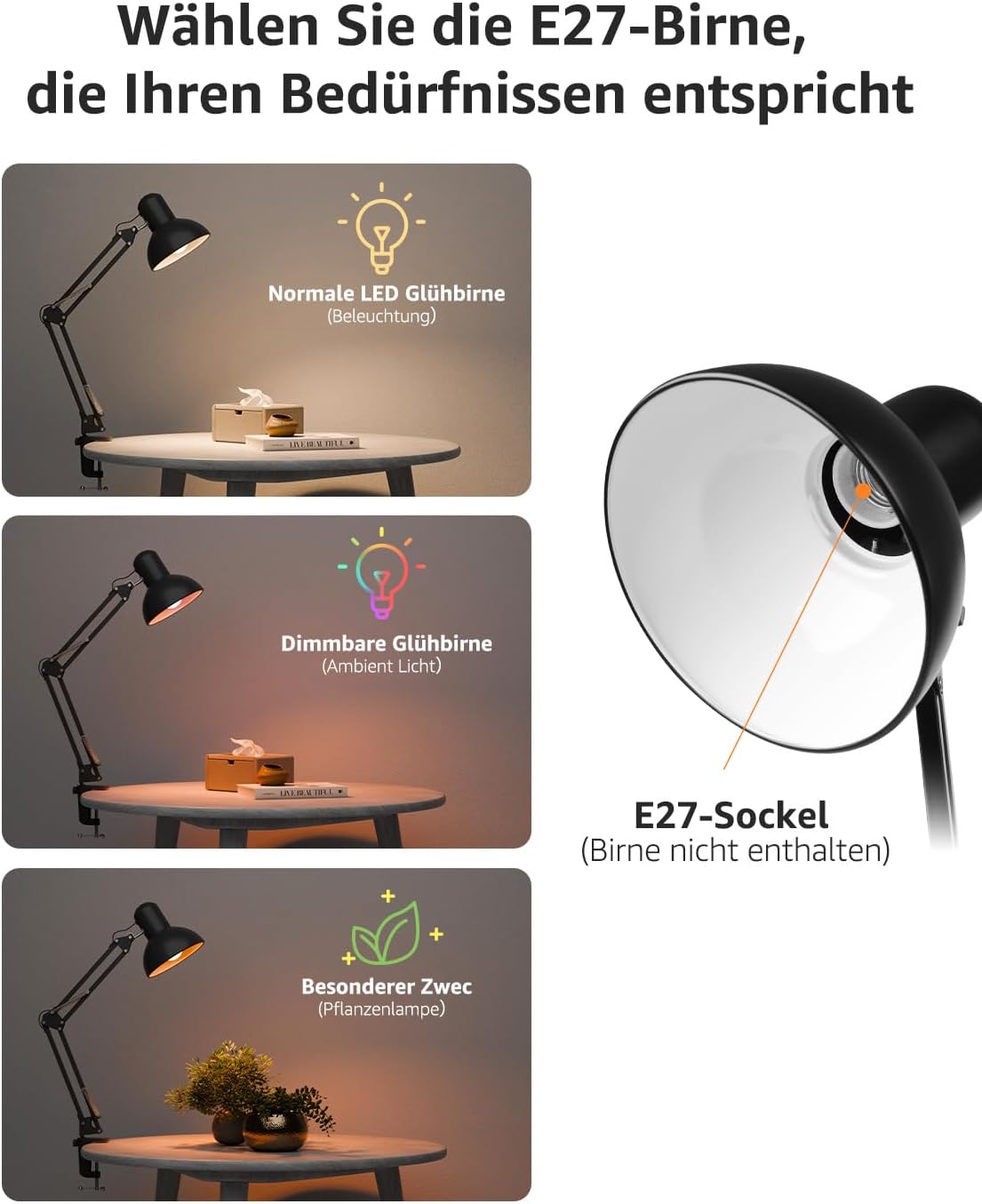 Lepro Schreibtischlampe Retro, Klemmbare Tischlampe E27, LED B¨¹ro Leselampe Nachttischlampe Verstellbare, Gelenk-Arm, schwenkbar, Tageslichtlampe Schreibtisch leuchte, HxBxT: 38 x 15 x 27cm, Schwarz