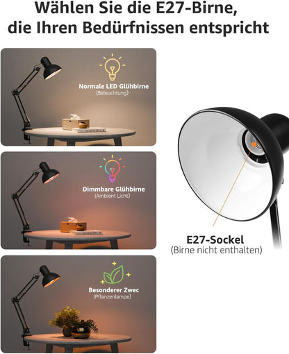 Lepro Schreibtischlampe Retro, Klemmbare Tischlampe E27, LED B¨¹ro Leselampe Nachttischlampe Verstellbare, Gelenk-Arm, schwenkbar, Tageslichtlampe Schreibtisch leuchte, HxBxT: 38 x 15 x 27cm, Schwarz