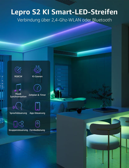 Lepro AI LED Streifen S2, 10M RGBCW LED Strip mit echtem Wei?licht, MagicColor RGBIC, Personalisierter KI-Lichtdesigner, Musik-Sync, Kompatibel mit Alexa & Google Assistant f¨¹r Gaming & Ambiente