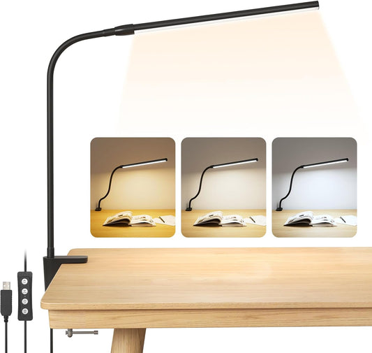 Lepro LED Schreibtischlampe Klemmbar, Tischlampe Architektenlampe mit Schwenkarm, Augenschutz Klemmleuchte USB, 3 Farben & 10 Helligkeitsstufen Dimmbar Tischleuchte für Büro, Schwarz