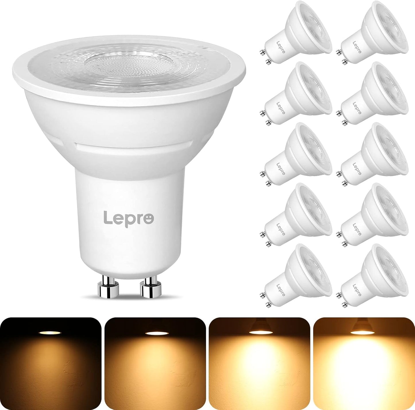 Lepro GU10 LED Warmweiss Dimmbar Lampe, 4,5W 345 Lumen Leuchtmittel, 2700K Warmweiß, Entspricht 50W Halogenlampen, 38° Abstrahlwinkel, Energiesparend, GU 10 LED Dimmbar Glühbirne, 10er Pack
