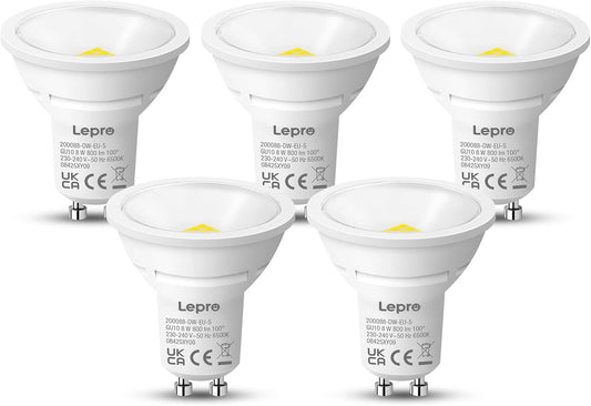 Lepro GU10 LED Kaltwei? 8W Lampe, 800 lm, 6500K Tageslichtwei?, 100¡ã Abstrahlwinkel, Nicht dimmbar, Energiesparendes GU10 LED Leuchtmittel f¨¹r B¨¹ro, Keller, Garage, Flur, Arbeitszimmer, 5 St¨¹ck