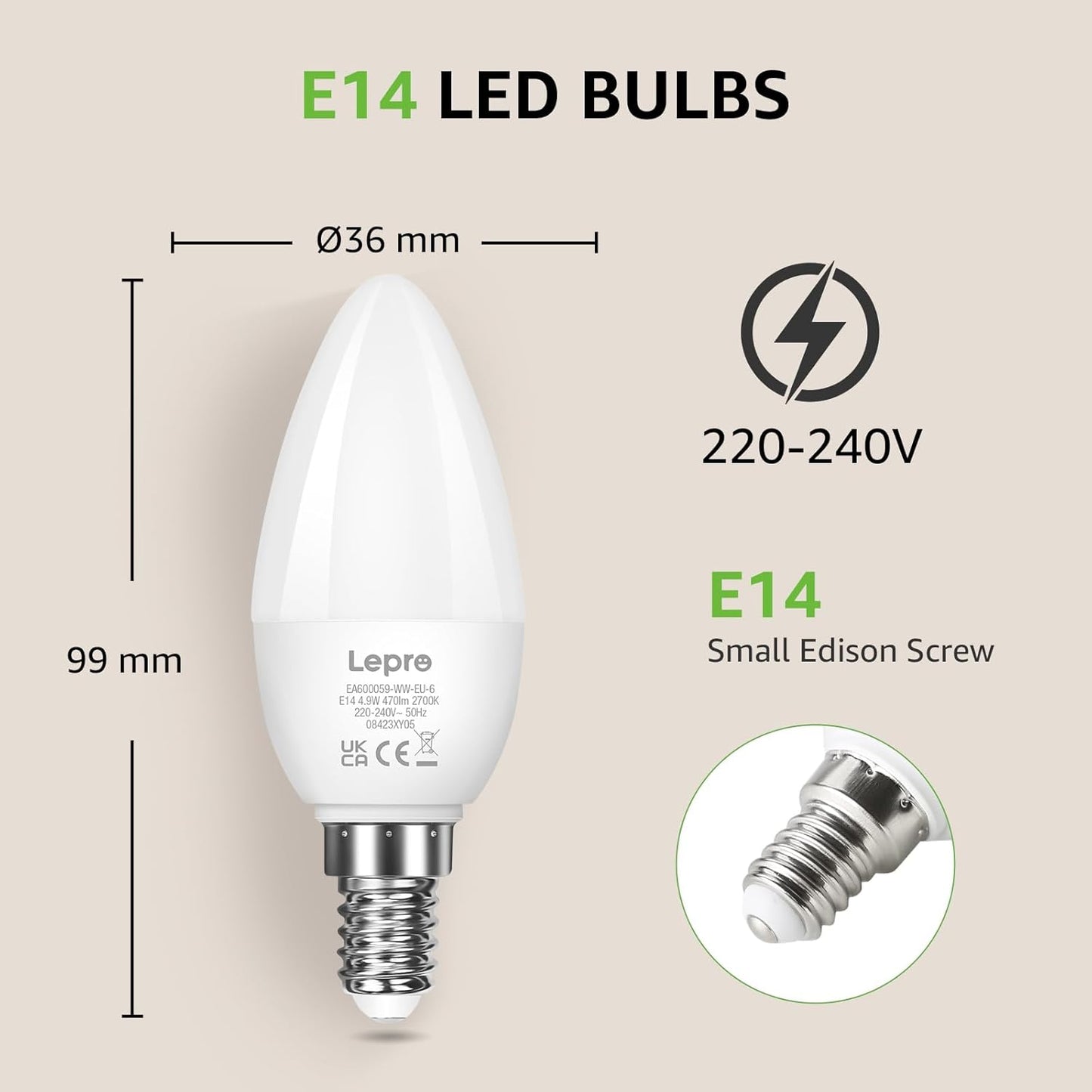 Lepro E14 LED Warmweiss, Glühbirne E14, 4.9W 470 Lumen, ersetzt 40W Glühlampe, C37 2700K Warmweiß Kerzenleuchten Nicht Dimmbar, 200° Leuchtmittel, 3 Stück