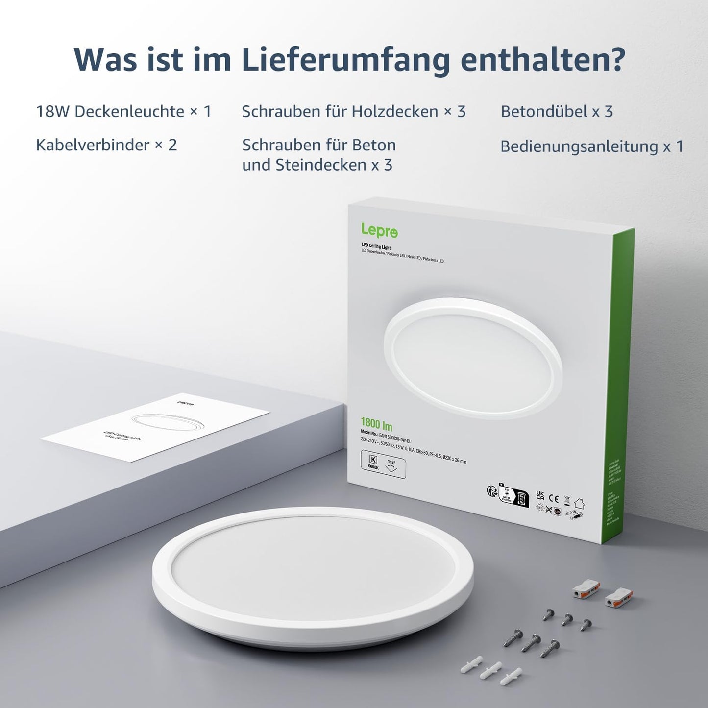 Lepro Deckenlampe 18W, IP44 Wasserfest Deckenleuchte，3000K 1800LM Badezimmer Lampe, Warmweiß Deckenleuchte Badezimmer, ideal Badezimmerlampe Decke für Bad Schlafzimmer Flur Küche Wohnzimmer, Ø22cm