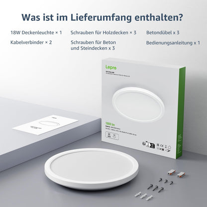 Lepro Deckenlampe 18W, IP44 Wasserfest Deckenleuchte，3000K 1800LM Badezimmer Lampe, Warmweiß Deckenleuchte Badezimmer, ideal Badezimmerlampe Decke für Bad Schlafzimmer Flur Küche Wohnzimmer, Ø22cm