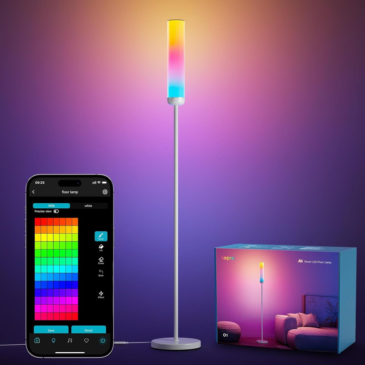 Lepro O1 AI Smart Stehlampe Wohnzimmer 2300LM, Stehlampe Dimmbar 22W RGBCCT, Sprachsteuerung/Musik Sync/DIY, Personalisierter KI-Lichtdesigner, Kompatibel mit Alexa/Google, WiFi & Bluetooth